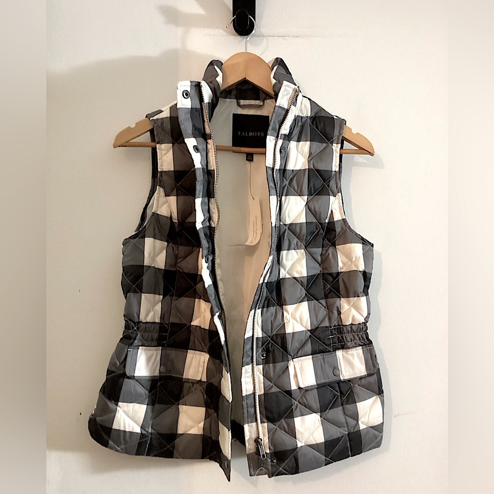 New Talbots Down Quilted Vest Black Grey White Large Buffalo Plaid Puffer XS - Picture 5 of 16